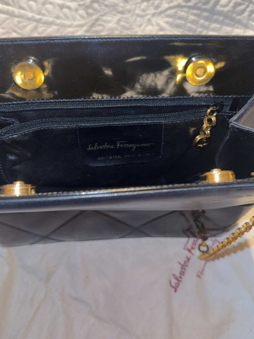 Salvatore Ferragamo Navy Quilted Shoulder Bag with Gold Accents